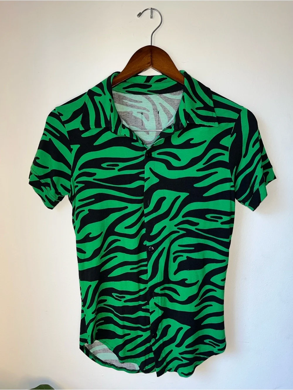 Men's Green Zebra-Print Swim Trunks and Short Sleeve Zip Swim Top